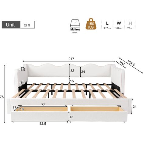 Lit de jour capitonné beige, canapé convertible avec 2 tiroirs, 90x200 cm, extensible à 180 cm, port USB, tissu bouclé (1/5)