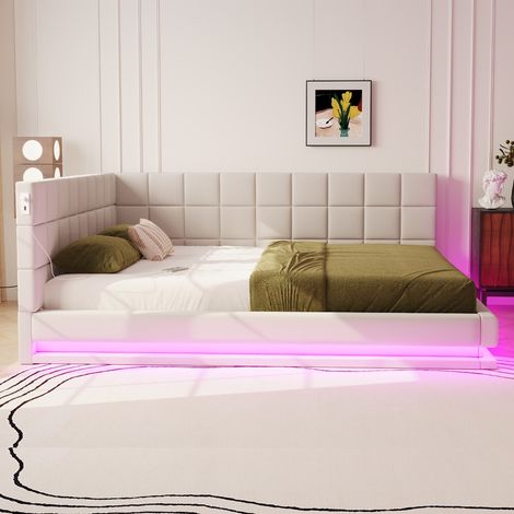 Canapé-lit 160 x 200 cm, équipé d'une bande LED, d'une prise USB et d'un sommier, en velours beige . (1/5)