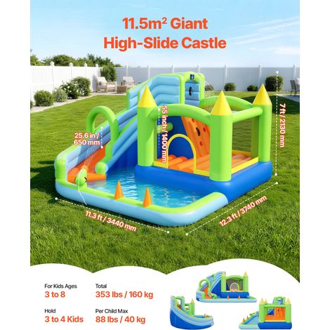 Château Gonflable, Aire de Jeux Gonflable avec Toboggan Aquatique, Piscine, Zone de Saut, Canon à Eau, Panier de Basket, pour 3 à 4… (1/5)