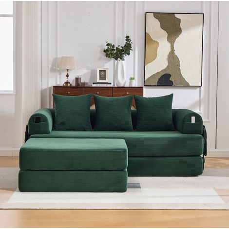Divano modulare in velluto a coste con ottomano, struttura in metallo, 3 cuscini, verde smeraldo (1/5)
