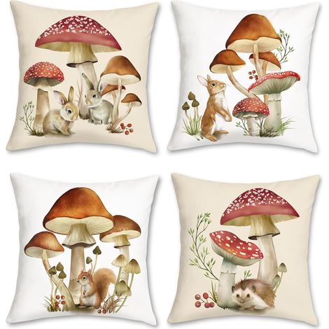 CCYKXA Herbstlicher Pilzkissenbezug 45 x 45 cm, rotbraune Pilzmotive, weicher Polyester, dekorativer Kissenbezug für Sofa, Schlafzimmer, Garten, Heimdekoration, 4-teilig (Kissenfüllung nicht enthalten (1/5)