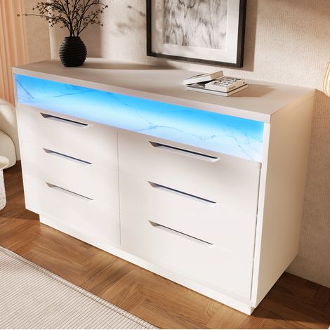 Cómoda de 6 cajones con iluminación LED y mando a distancia, compartimentos de almacenamiento abiertos, blanco (1/5)