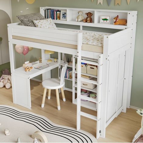 Etagenbett 90x200 cm Weiß aus Holz mit Tisch, Kleiderschrank, Regalen und Fallschutz (1/5)