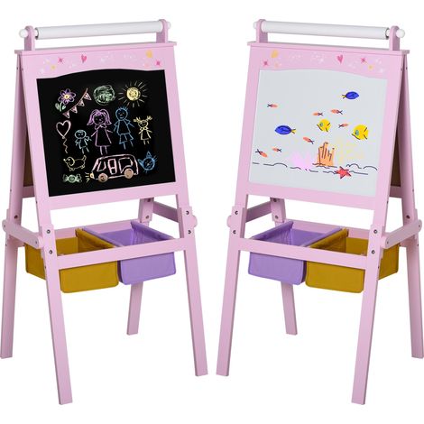 3 en 1 Tableau Enfant - chevalet Enfant - Ardoise Double Face - Tableau Blanc Tableau à Craie - Rouleau Papier avec accessoires + paniers Rangement intégrés - MDF Rose (1/5)