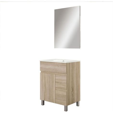 Kibath Mueble de baño con Lavabo, Espejo y Aplique LED URBAN 70x45 cm acabado ROBLE NATURAL mate 2 cajones y puerta (1/5)