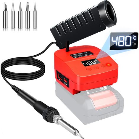 de fer à Souder sans fil Compatible Avec Batterie E-hell PXC 18V, de Soudure Portable Avec écran LCD,Conversion de Température C°/F°, Port USB &Type-C pour Bricolage, Réparation D'appareils, Red