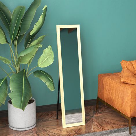 Espejo rectangular de pie o de pared con marco de madera para salón o dormitorio, 37 x 155 cm, marrón claro.