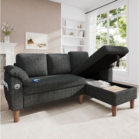 Sofá esquinero 3 plazas con chaise longue arcón reversible, USB y USB-C, gris oscuro DESVIAE (1/5)