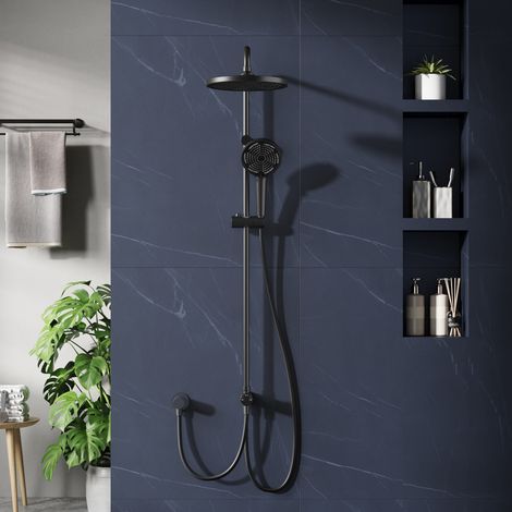 Colonne de douche pluie sans mitigeur – Tête ronde 25 cm, inox, douchette 3 jets, installation sans perçage, finition noire mate – Accessoire moderne pour salle de bain – Couleur : Noir mat (1/5)
