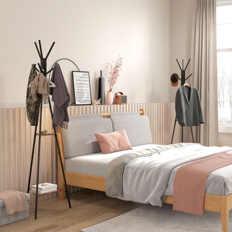 Lot de 2 porte-manteaux trépied meuble d'entrée style industriel branches 2 étagères + 6 patères métal noir (1/5)