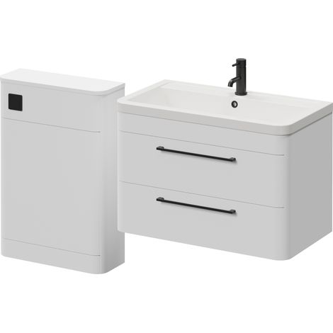 Oslo Gloss White 1350mm Wall Mounted Vanity Unit Toilet Suite with Anya Basin - 1350mm - Matt Black 320mm HandleWithout Jubilee Toilet Pan