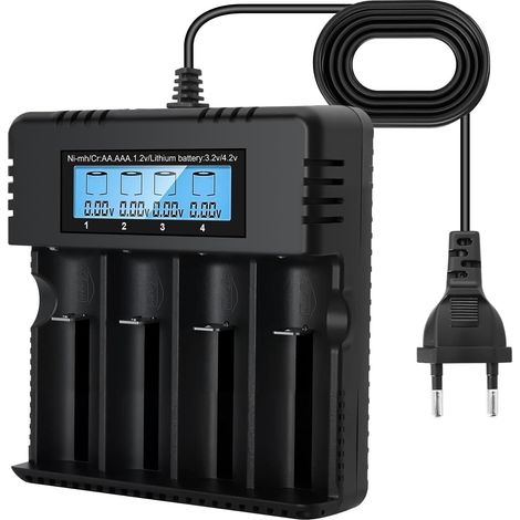 Chargeur de Batterie à LCD, Chargeur de Batterie Li-ION 4 Fentes avec Charge Rapide Intelligente Compatible avec Une Variété de Batteries Li-ION 3,7 V 26650/18650/14500/16340 (4 Fentes) (1/5)