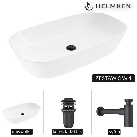 Helmken 39370000 Aufsatzwaschbecken (70x38) Weiß + Mattschwarzer Siphon + Mattschwarzer Klick-Klack-Verschluss (1/5)