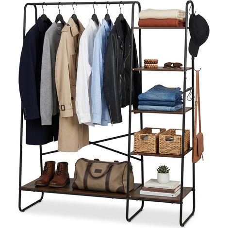 Appendiabiti Relaxdays, 6 ripiani, 6 ganci, asta, HxLxP 160 x 120 x 45 cm, attaccapanni da ingresso, marrone-nero