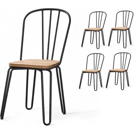 Set di 4 sedie in stile industriale – Seduta in metallo nero opaco e legno chiaro – Gambe a perno (1/5)