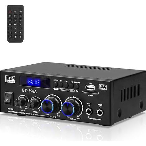 BT-398A Amplificador de Audio, Amplificador Bluetooth 5.0 2.0 canales 60Wx2 Mini altavoces Amplificadores de sonido digitales con radio FM USB Tarjeta SD para sistema de audio de cine en casa (1/5)