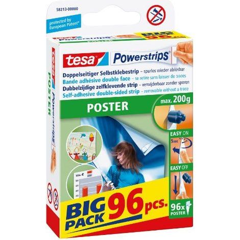 tesa Powerstrips POSTER BIG PACK Bandes adhesives Double-Face pour Posters - Auto-adhesif et Reutilisable - Adherence Jusqu'a 200 g - 96 Powerstrips par Lot