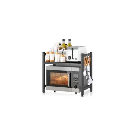Crezuo 2-stufiger, ausziehbarer Mikrowellenständer mit 4 Haken, robuste Mikrowellenablage, 36,5–60,5 cm, Schwarz