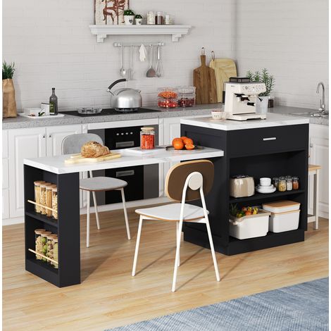 MEUBLIV Îlot de cuisine 211x55x89,5 cm noir – table extensible et rangements (1/5)