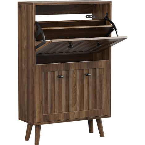 CHICFURN Meuble à chaussures vertical 60 cm au style mid-century, façade rainurée, 2 abattants, niche ouverte, pieds bois et poignée métal, pour entrée et couloir (1/5)