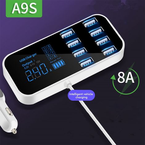 Chargeur de voiture USB à 8 ports avec affichage LED, adaptateur de voiture multi-USB et chargeur de téléphone
