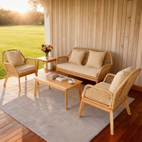 Mobili da giardino in legno a 4 posti con 2 tavoli beige e in legno ROSARIO