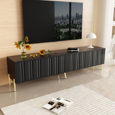 Mobile TV in MDF e pannelli di particelle nero 190x38x48 cm con 4 ante, 8 ripiani e gambe oro (1/5)