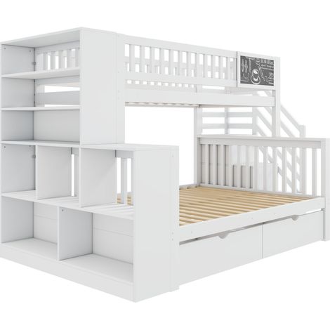 Letto a castello bambino in legno bianco 90x200/140x200 con scala, vano e lavagna (1/5)