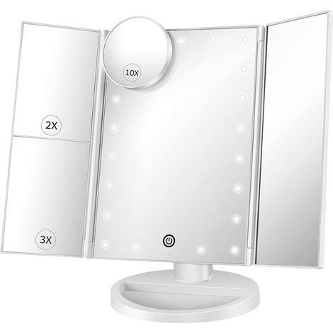Miroir de Maquillage éclairé - avec grossissement 10X 3X 2X, Miroir à Trois Volets avec lumières, Interrupteur à écran Tactile, Support réglable à 180°, Double Alimentation, Miroir de Table (Blanc) (1/5)