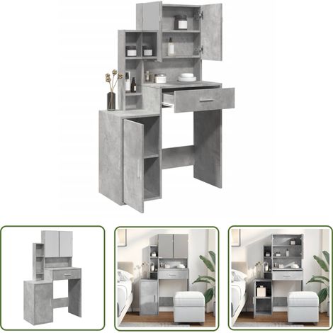 The Living Store Coiffeuse avec armoire gris béton 80x35x132 cm - Coiffeuse - Meuble De Salle De Bain - Vanity - Table De Maquillage - Dressing (1/5)