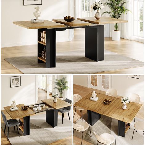 Esstisch Teleskoptisch (120-160×80cm), Tisch mit Regalen, Küchentisch, Ausziehtisch, mit Hilfe innenliegender Einlegeplatten auf 120-160cm ausziehbar, für Küche und Wohnzimmer, Holzfarbener (1/5)