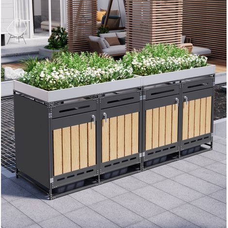 Cubrebidones para 4 cubos de basura 274 cm de metal negro con jardinera - CHICFURN (1/5)