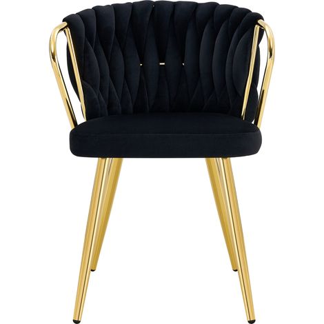 Sedia da pranzo in velluto nero con schienale intrecciato e gambe in metallo oro (1/4)