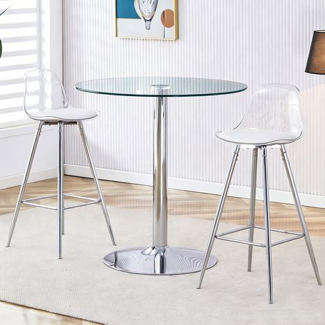 Conjunto de mesa alta y 2 taburetes de vidrio y metal plateado transparente, mesa redonda Ø89 cm (1/5)