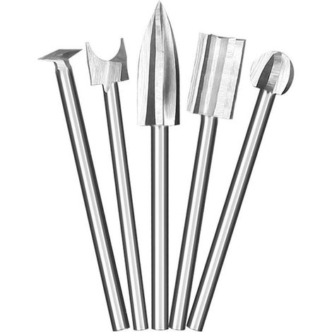 Lot de 5 fraises à bois compatibles avec outil rotatif Dremel - Lot de 5 couteaux de sculpture sur bois - Avec tige de 1/8" - Pour bricolage, sculpture, gravure, microcarving (1/5)