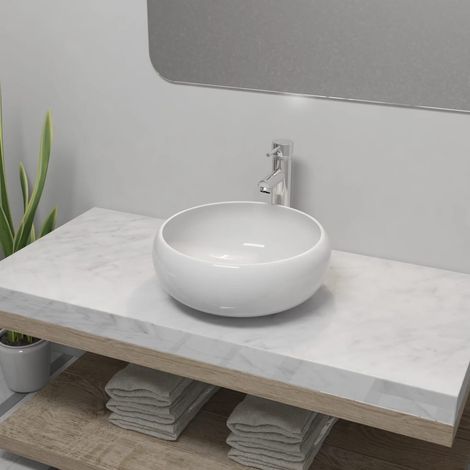 Lavabo de salle de bain avec mitigeur Céramique Rond Blanc (1/5)