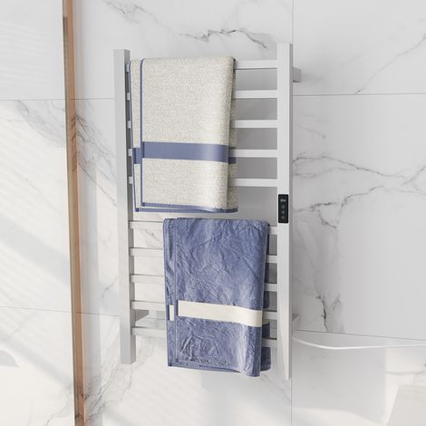 Calentador de toallas eléctrico inteligente de 10 bares con temporizador y pantalla LCD, toallero de pared de acero inoxidable, temperatura ajustable para baño, 45x11x80 cm, blanco (1/5)