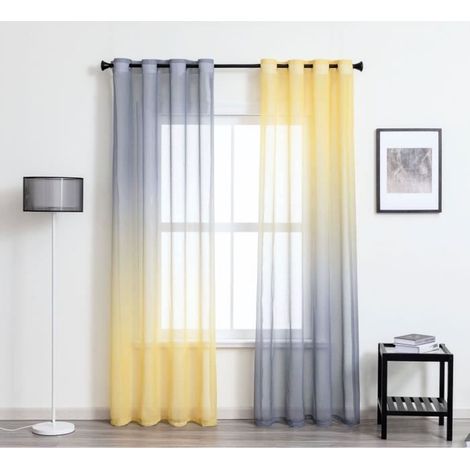 Rideaux Voilage - Haute Ombrage - Dégradé Bicolore - Jaune et Gris - 100x200 cm (1/4)