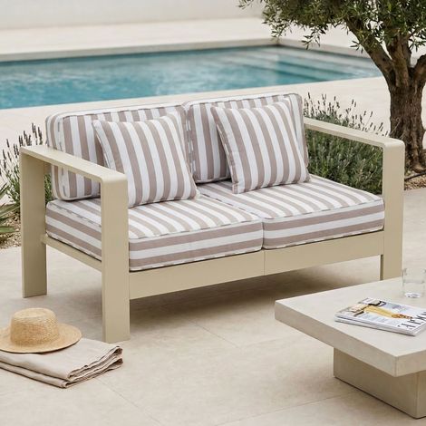 Canapé de jardin 2 places en alu crème et housse à rayures beiges