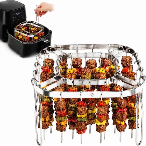 Grille Barbecue Pour Air Fryer avec 28 Brochettes et Poignée, Acier Inoxydable 304, Accessoire pour Air Fryer, Circulation d’Air Chaud à 360°, Conception Pliable,Carré (1/5)
