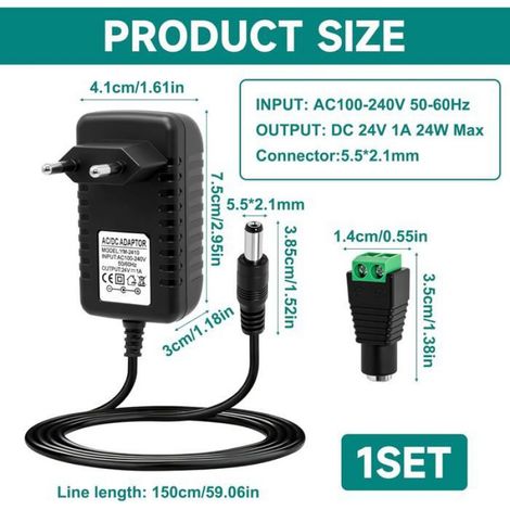 Adaptateur Secteur 24V 1A Pour Bandes Led, Routeurs, Caméra Cctv (1/5)