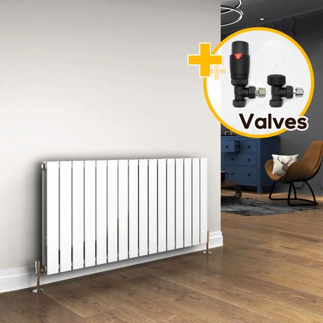 ELEGANT White Designer Radiators 600 x 1216 mm Horizontal Double Flat Panel Bathroom Radiator Heater + Anthracite Thermostatic Radiator Valves (1/5)