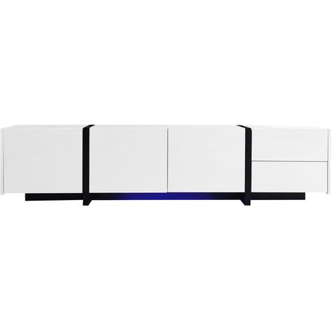 Meuble tv blanc laqué avec pieds noirs, tiroirs et rangements, design moderne épuré