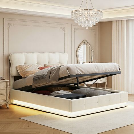 Lit coffre 140x190 cm avec éclairage LED, Lit 140x190 avec rangement hydraulique et tête de lit capitonnée réglable, Lit double avec sommier à lattes, Velours, Beige (1/5)