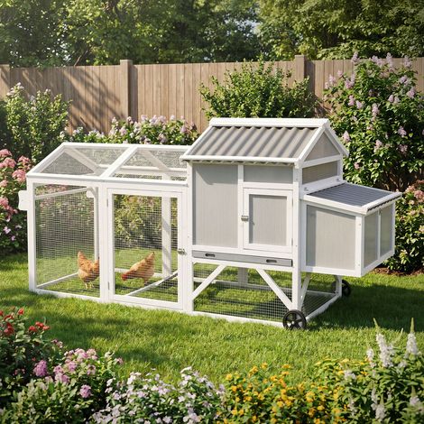 ECD Germany Poulailler Mobile avec Enclos en Bois, XXL 83x220x109 cm, Cage à Poules sur Roues avec Nichoir et Tiroir à Déjections Amovible, Toit Rabattable, Volière pour 2 Petits Animaux, Blanc/Gris (1/5)