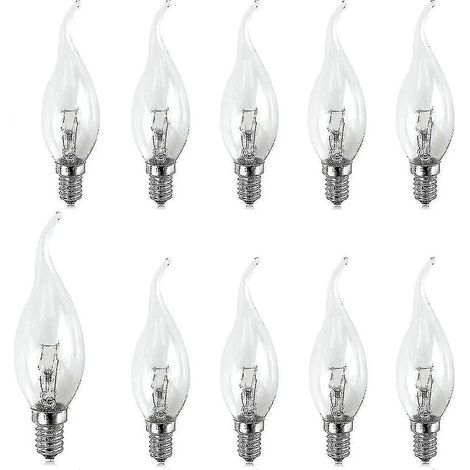 Il prodotto è una confezione da 10 piccole lampadine a vite, da 25W, trasparenti, a forma di fiamma, tipo Edison, con attacco a vite E14, 240V.