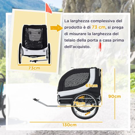 Remolque para bicicleta mediano para perros con ventanas laterales y bandera, remolque de acero y tela Oxford, 130x73x90 cm, blanco y negro.