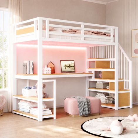 Litera infantil 90x200 cm con LED, escalera con almacenaje, blanca, metal, sin colchón FloraGrace (1/5)