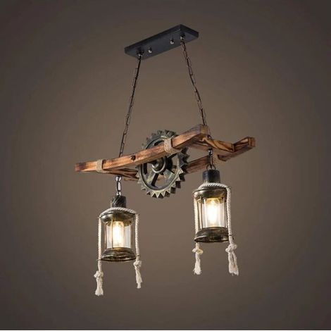 SABIR – Lustre vintage industriel Ø45cm – Fer, verre et bois – Hauteur réglable 100cm – E27 pour ampoules LED et incandescentes – Installation facile (1/5)