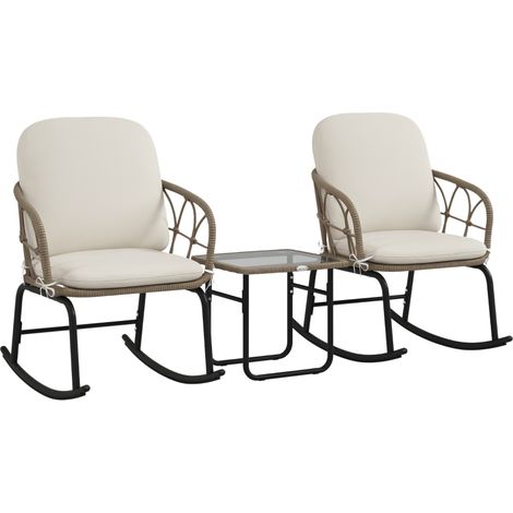 Ensemble de chaises à bascule en rattan PE, style bohème, résistant aux intempéries, couleur crème, parfait pour le jardin. (1/5)